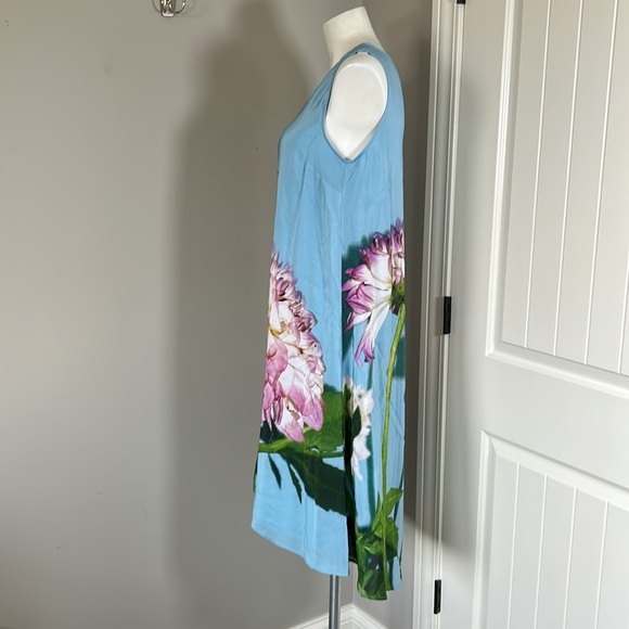 Anthropologie Photorealistic Silk Dress Duchess de Nemours peonies blue Sz 6 - Picture 6 of 16